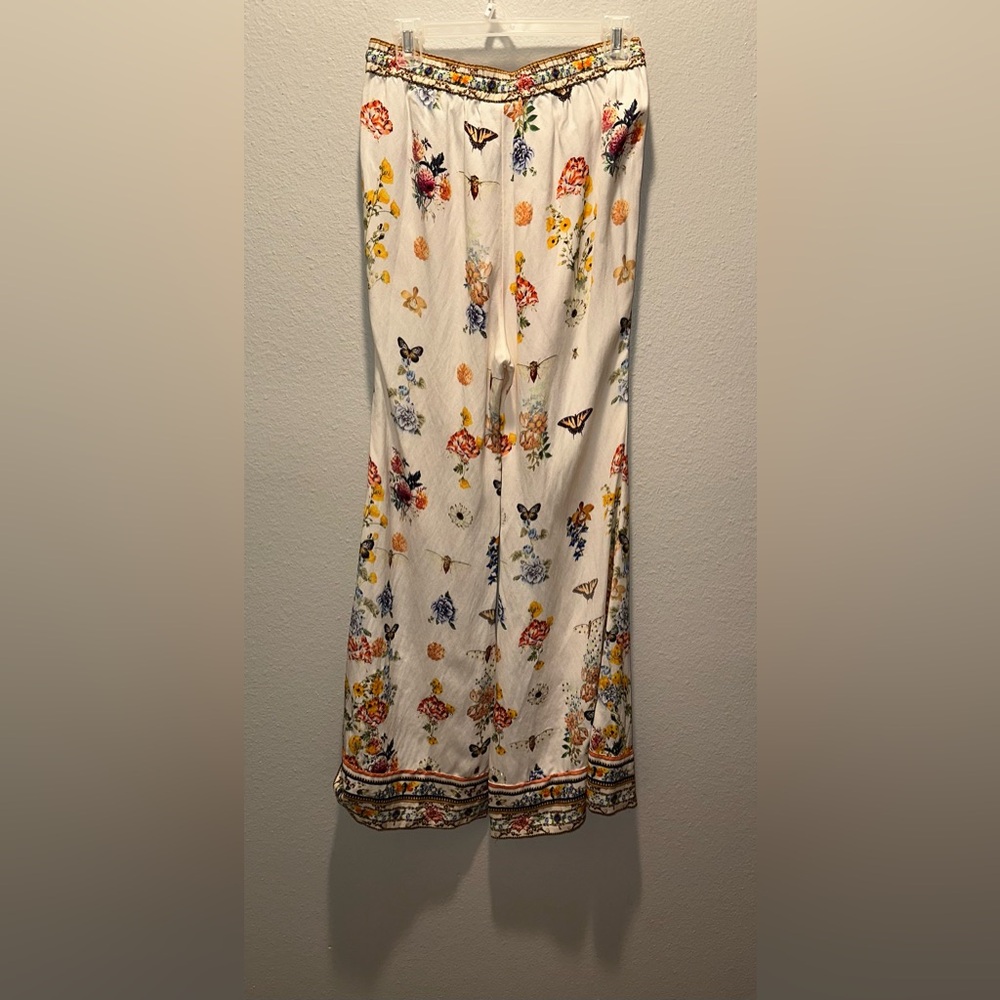 Camilla “Queens Bee Hive” Cream Linen Floral Print Wide-Leg Lounge Pants M - Picture 5 of 12